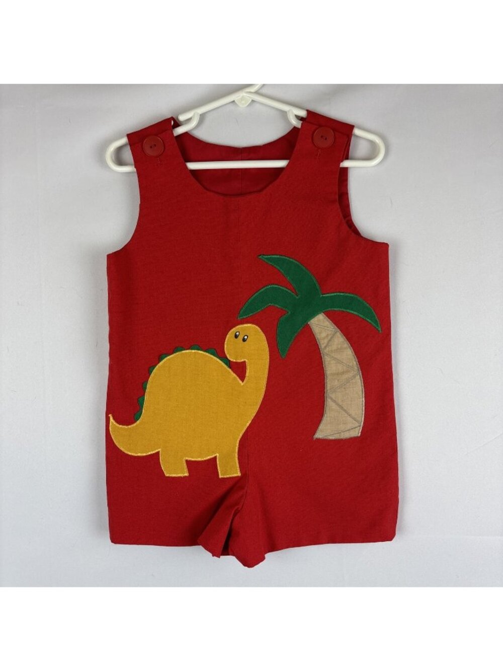Vintage Red Romper Dinosaur Palm Tree 2T Fully Lined